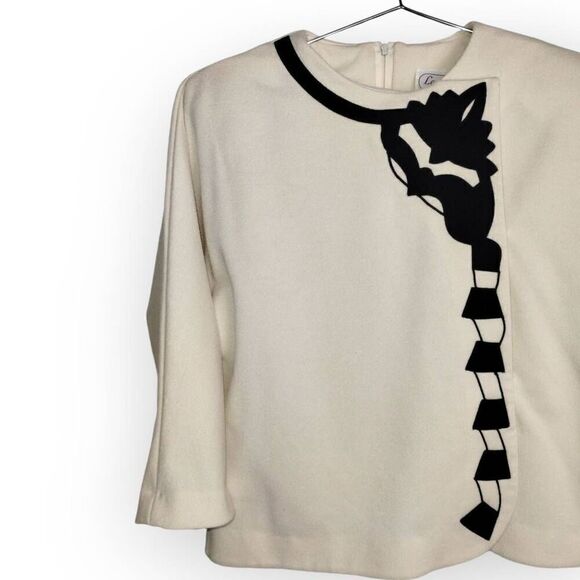 Vtg Leslie Fay Womens Top Sz 10 Cream Knit Black Velvet‎ Back Zip 60s Whimsicore - Picture 4 of 11